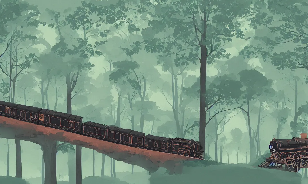 Prompt: old times train riding forested blobs, digital art, 3d, illustration