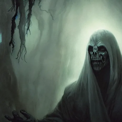 Image similar to head and shoulders portrait of a ghostly, shadowy, spectral wraith portrayed by russell crowe, d & d, fantasy, greg rutkowski, frank frazetta, alexandre chaudret, boris vallejo, michael whelan, miro petrov, hr giger, magali villeneuve, donato giancola