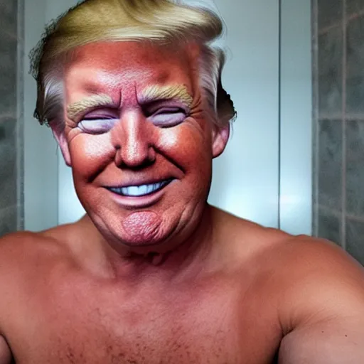 Prompt: a selfie of donald trump in his toilet, extremely happy, highly detailed skin, photo