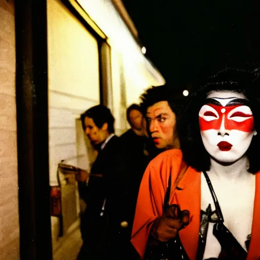 Image similar to Street photography, a close up of several people leaving a seedy nightclub at 5am, they are smoking, someone is screaming, Kabuki makeup, Kodachrome