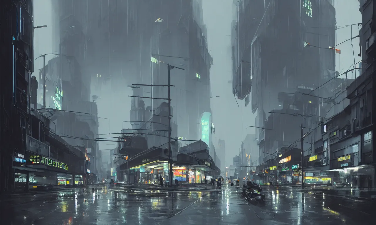 Image similar to photorealistic streetscape, simple brutalist architecture, metal, concrete, wet streets, white neon lights, neon signs, flying vehicles, pedestrians, greg rutkowski, syd mead, ralph mcquarrie, concept art, matte painting, finely detailed, minimal artifacts, rule of thirds, dynamic lighting, cinematic, denoised, centered, artstation