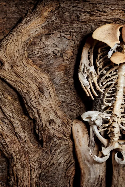 Image similar to A beautiful jacket carved out of dead wood with lichen and mushrooms, on a skeleton. High quality, high resolution, studio lighting