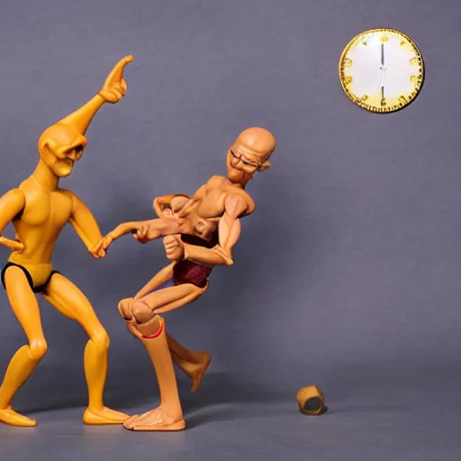 Prompt: toy called Stretch Armstrong fighting an Indian man, life size, fighting a small Indian man, golden hour, award winning,