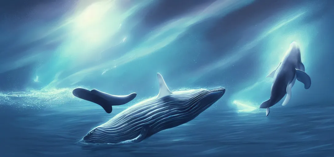 Prompt: a whale flying above the sea, glowing fish underneath the sea, cosmic sky, concept art, trending on artstation, soft lightning