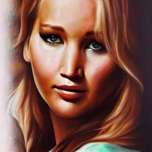 Image similar to beautiful oil in canvas of jennifer lawrence, very detailed face, symetry!!