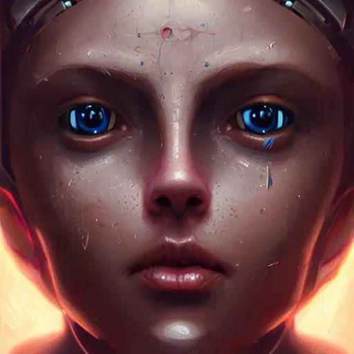 Image similar to a magical robot head, artificial intelligence, highly detailed, digital painting, smooth, sharp, beautiful face, expressive eyes, art by greg rutkowski and alex gray