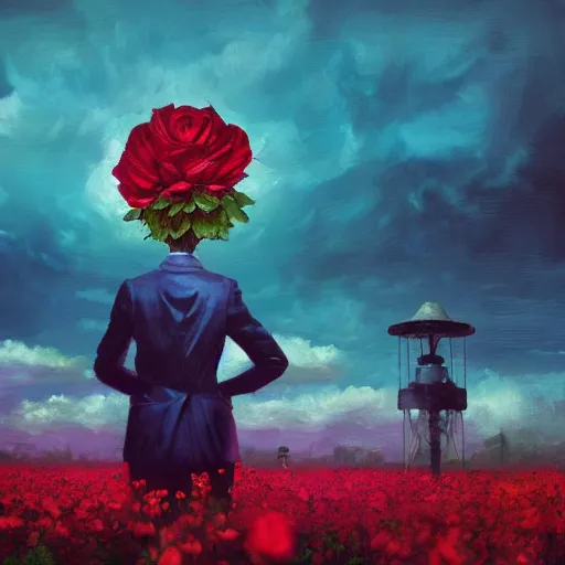 Image similar to portrait, giant rose flower head, girl in a suit, surreal photography, sunrise, blue sky, dramatic light, impressionist painting, digital painting, artstation, simon stalenhag