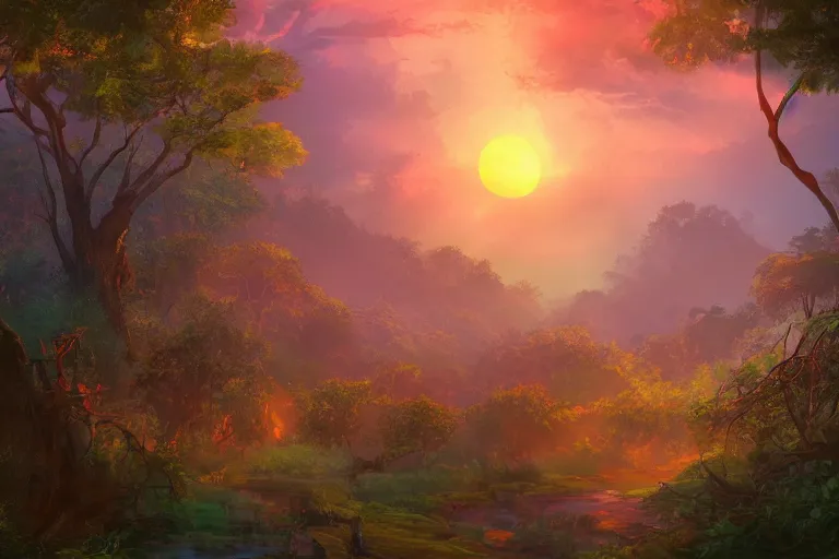 Image similar to gorgeous scarlet android beautiful sunset in the distance through the forest, jungle mountains in the background with immense trees, highly detailed, trending on art station, flying birds in the distance