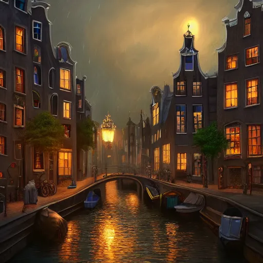 Image similar to a magical town with tall crooked and deformed buildings inspired by amsterdam and victorian england, night time, highly detailed, smooth, digital painting, concept art, game art, matte painting, trending on artstation