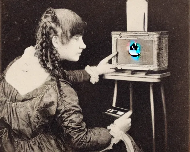 Image similar to an early 1800s photo of someone watching tiktok on their iphone