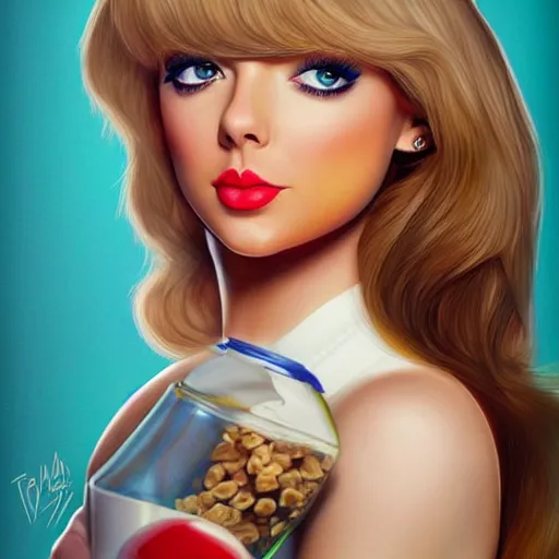 Image similar to Tayor Swift Taylor-O’s, breakfast cereal, part of a healthy breakfast, milk, high detail, tasty, by artgerm, deviantart