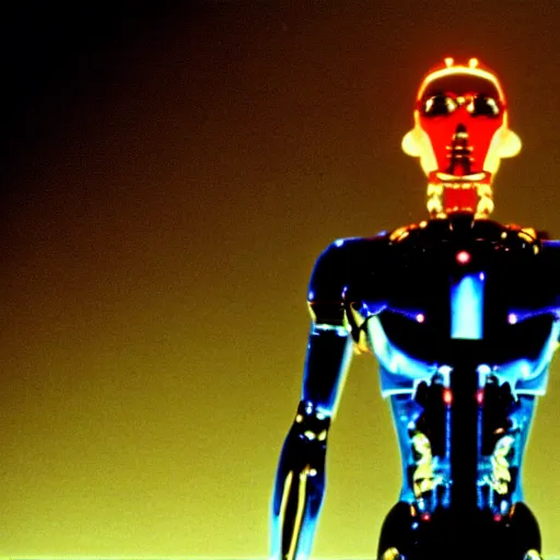 Image similar to movie still of a cyborg evangelion, cinematic composition, cinematic light, warm lighting criterion collection, by david lynch and edgar allan poe