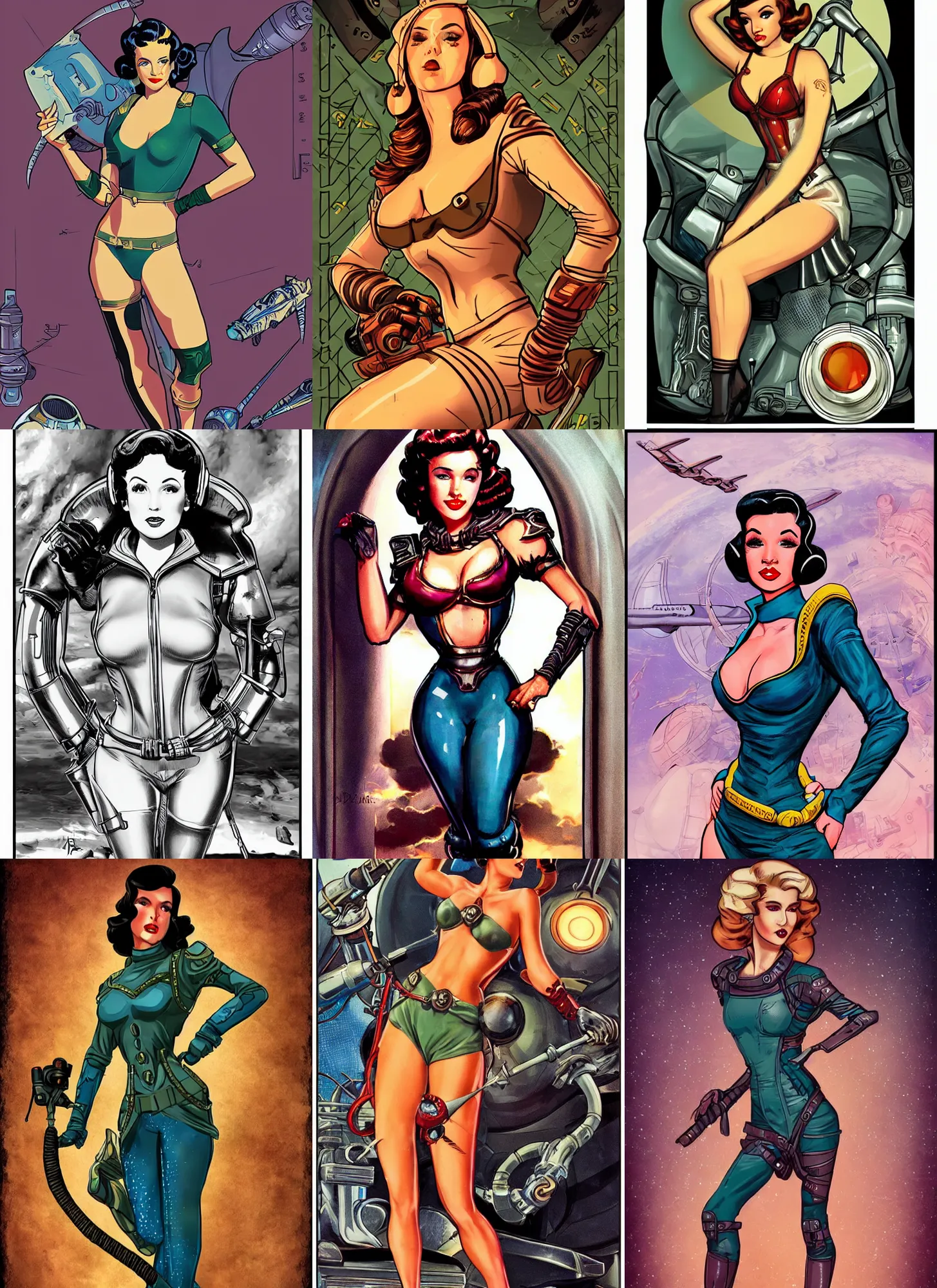 Prompt: d & d style retro sci - fi pilot pinup beautiful face and wearing full detailed clothing