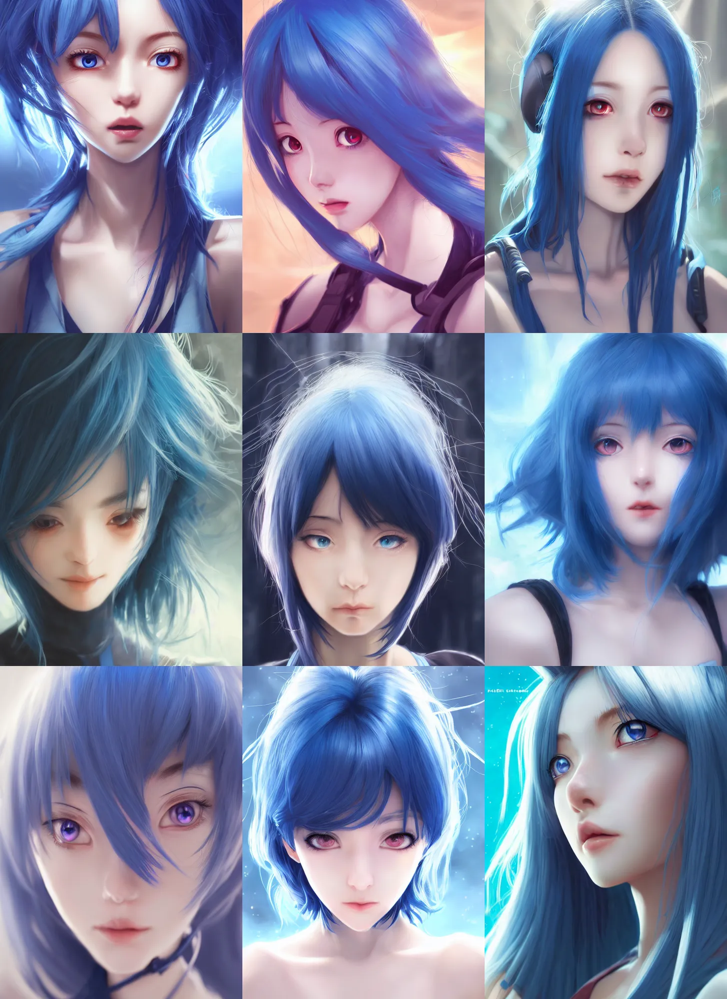 Prompt: detailed portrait of perfect blue haired woman, anime, sling, beautiful, pretty face, blue cyborg eyes, innocent, scifi, 4 k, sun yunjoo, ultra realistic, aura of light, cinematic lighting, highly detailed, sharp focus, artstation, masterpiece, art by hyungjin yang