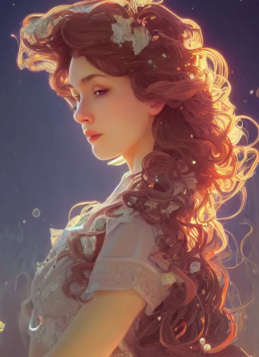 Prompt: beautiful girl with long curly, cute, intricate, highly detailed, digital painting, trending on artstation, concept art, smooth, sharp focus, backlit, rim light, vivid colors, illustration, unreal engine 5, 8 k, art by rossdraws and alphonse mucha