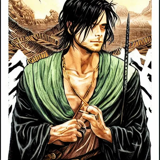 Image similar to attractive 22 year old Jared Leto golden Vagabond magic swordsman glides through a beautiful battlefield magic the gathering dramatic esoteric!!!!!! pen and ink!!!!! illustrated in high detail!!!!!!!! by Hiroya Oku!!!!! Written by Wes Anderson graphic novel published on shonen jump 2002 award winning!!!!