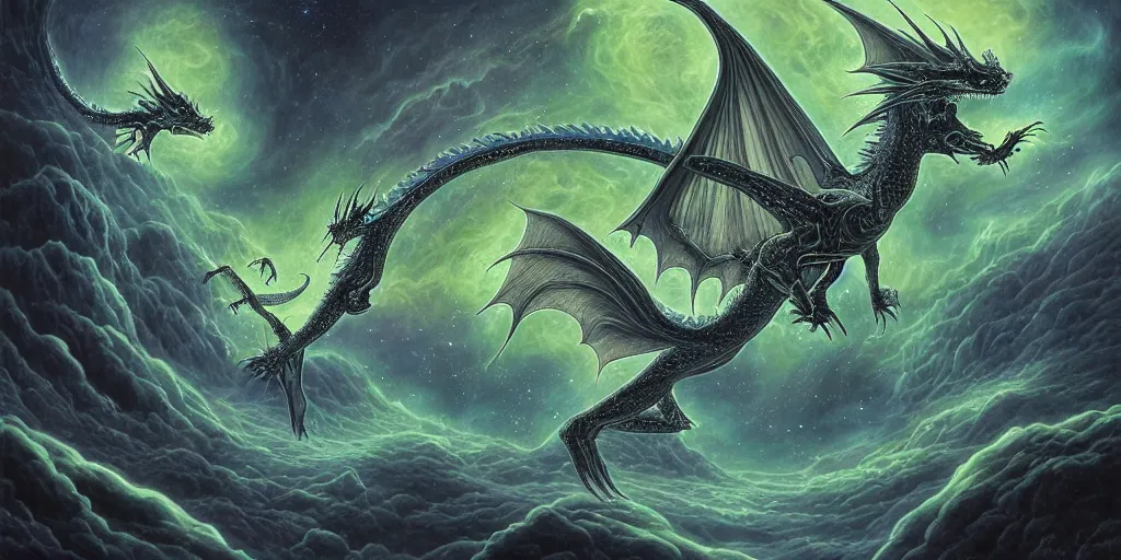 Prompt: bioluminescent alien dragon flying through space by dan seagrave art