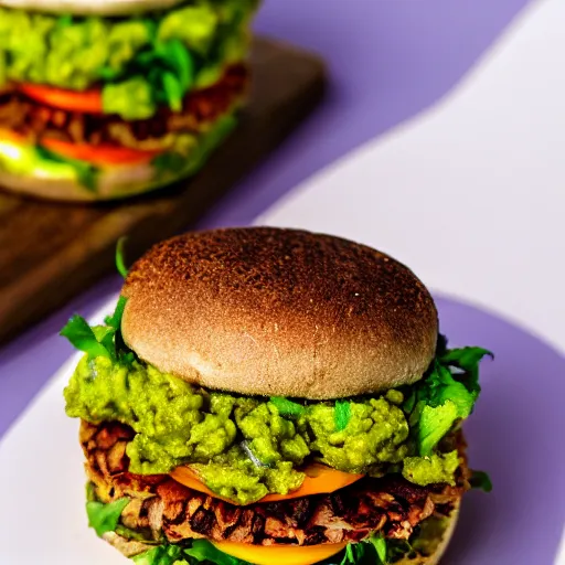 Image similar to vegan hamburger with guacamole and crispy fried onion and fried egg toppings, crispy buns, 8 k resolution, studio lighting, sharp focus, hyper - detailed