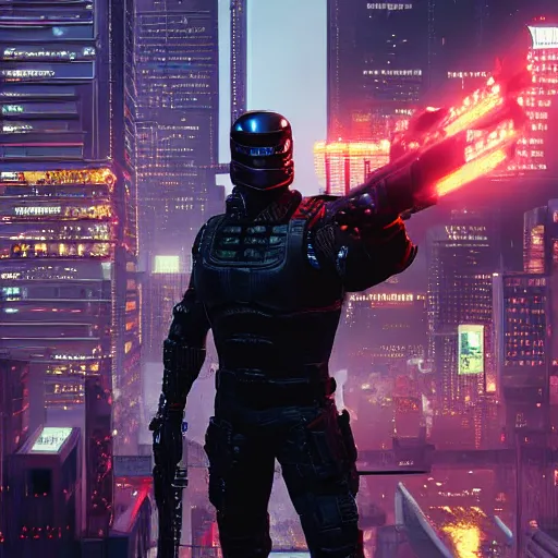 Prompt: Snake Eyes from G.I. Joe standing in a cyberpunk city, 4k, trending on artstation,