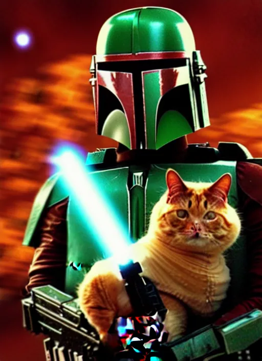 Image similar to film still of boba fett holding a fat ginger cat in his arms, star wars, beautiful glowing lights, planets in background, sci - fi, stunning, intricate, elegant. highly detailed