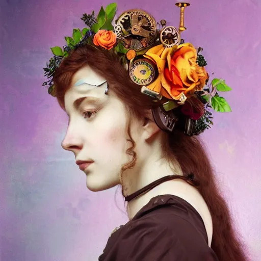 Image similar to portrait of a beautiful young cyborg woman with a big steampunk flower crown and part mechanical face , Pre-Raphaelite