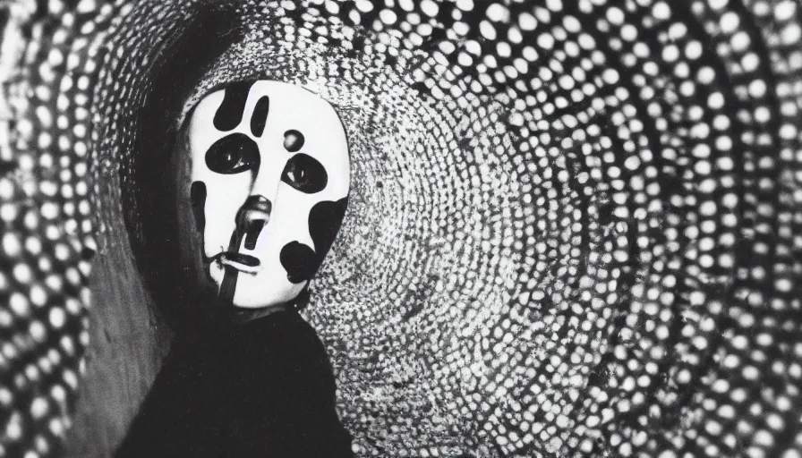 Image similar to 50s movie still close-up portrait of a white female japanese phantom with a trypophobia head in a liminal space style tunnel, early black and white 8mm, heavy grain, low quality,