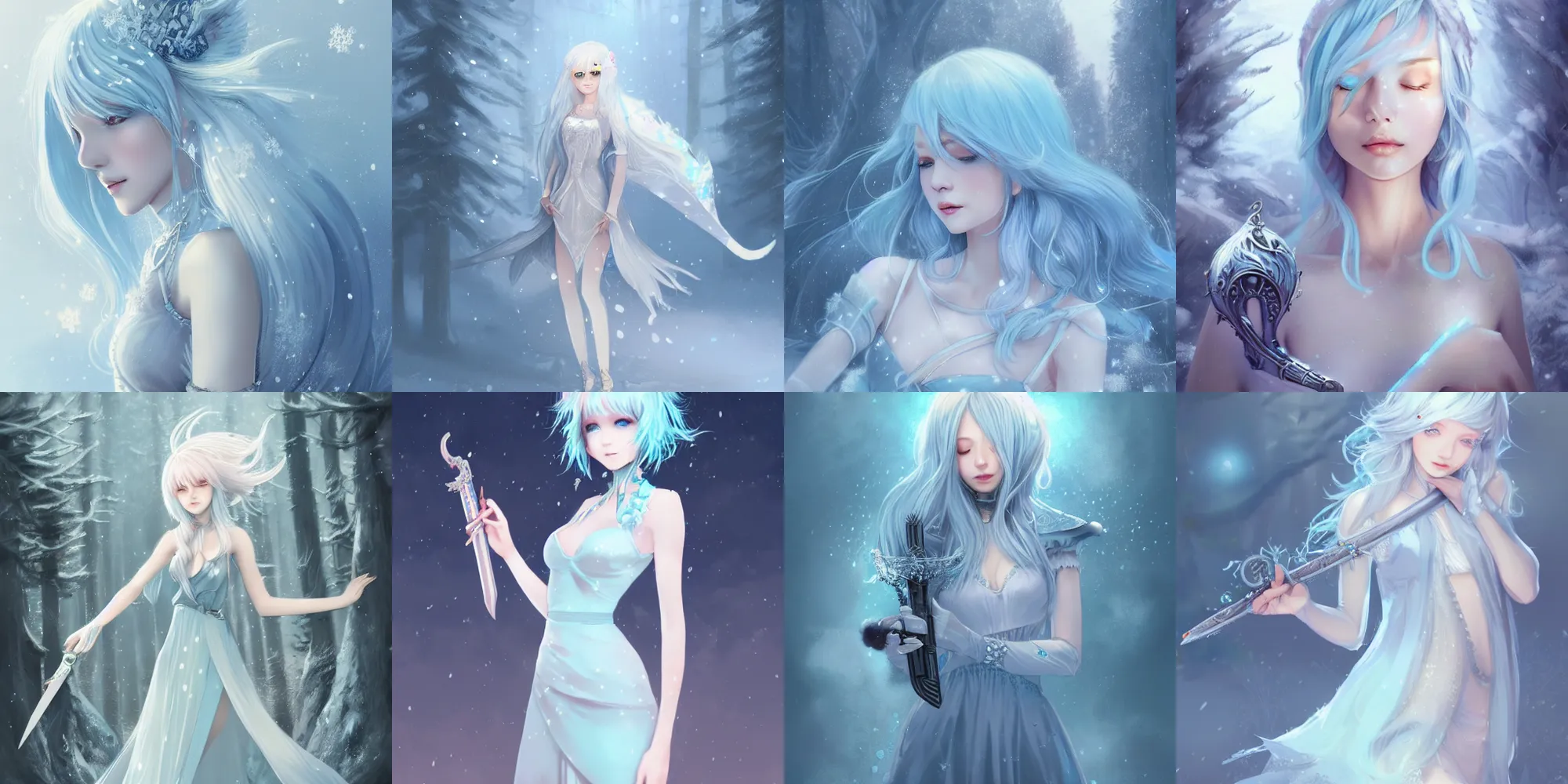 Prompt: beautiful female with light pastel blue hair, holding a dagger, wearing a silver dress with intricate small details, wide brimmed pointed hat, snow forest, snow, particles, misty, highly detailed, detailed illustration, art by wlop and guweiz, artstation, deviantart