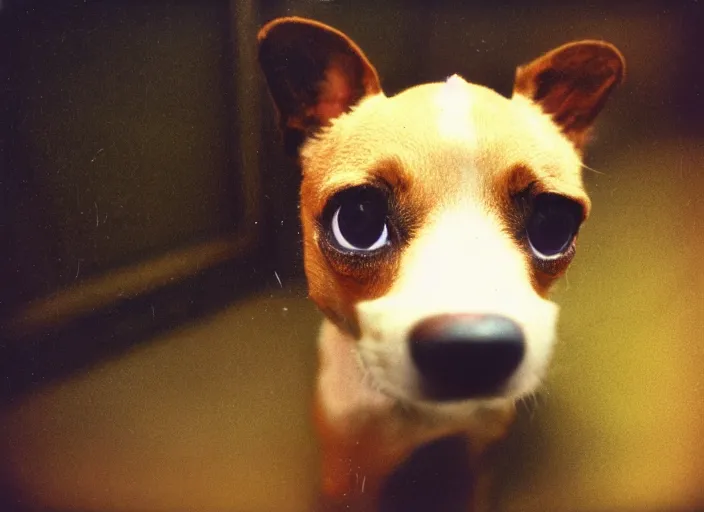 Prompt: a extreme close - up photo, color studio photographic portrait of a little dog, dramatic backlighting, 1 9 7 3 polaroid photo from life magazine,