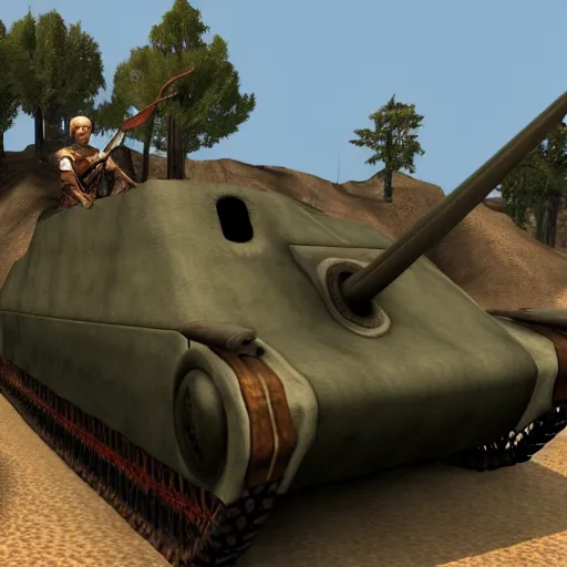 Image similar to a morrowind elf driving a wwii tank in morrowind, retro 3 d graphics, game screenshot