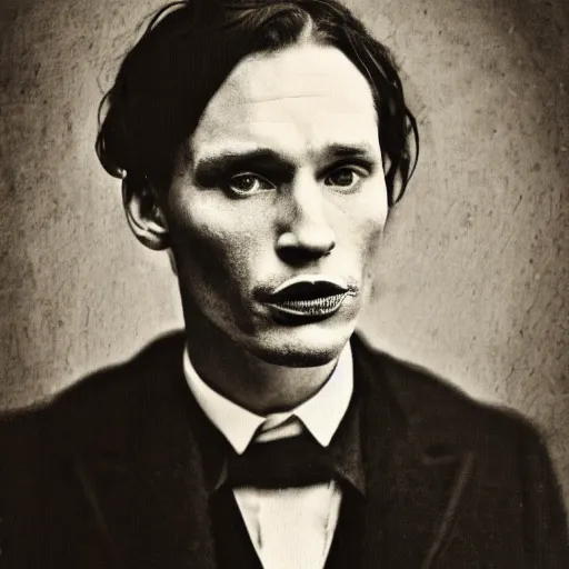 Image similar to early victorian headshot photograph of a mix between cillian murphy, tom hardy and tom hiddleston, very grainy, blurry, 1 8 4 0 s, 1 8 5 0 s, realistic face, rare