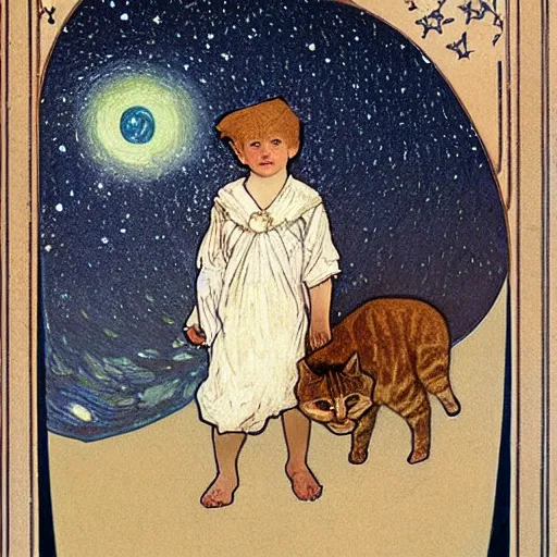 Prompt: a boy and a cat,walking on the sand,starry sky by Mucha,highly details,oil painting