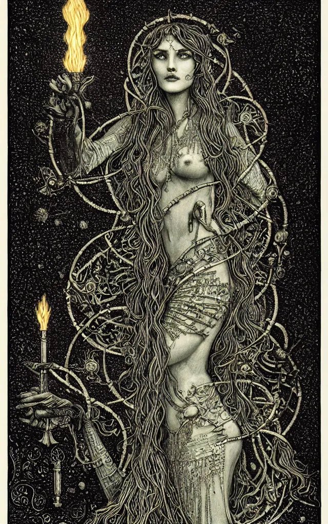 Prompt: tarot card of hecate the gloomy and beautiful goddess of witchcraft, torches, ancient keys, smokes, gustave dore, franklin booth, andrey remnev, black paper, etching, engraving, intricate line work, green line work details, mandelbulb fractal, portrait, trending on artstation, exquisite details, risography print, 4 k, 4 k