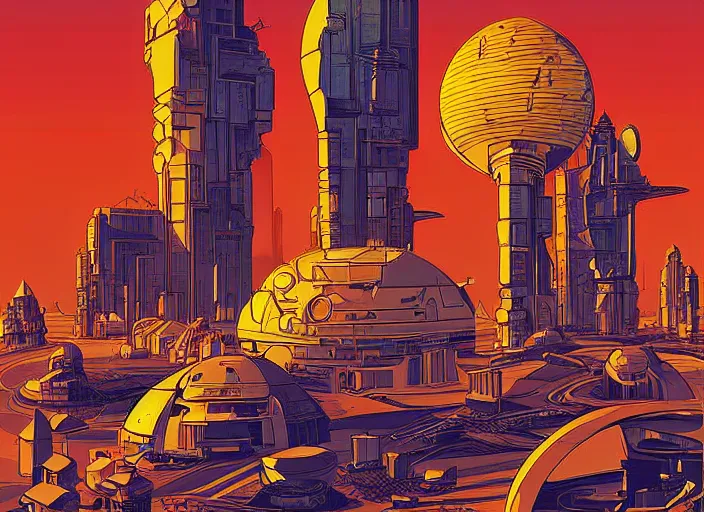 Image similar to martian architecture by moebius, vector art, cyberpunk, soviet poster