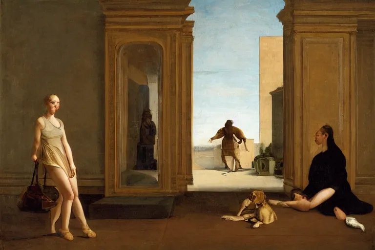 Prompt: long view, one giant dog looks at lilliputian in empty room, in style of classicism