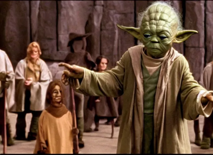 Prompt: a film still of yoda as an oompa loompa teaching a class in harry potter