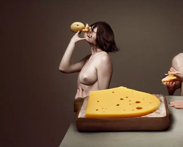 Image similar to incredible strange absurd artwork of androids tasting cheese, finding it very weird, weird tasting ritual of cheese products in the style of tim walker fashion photography