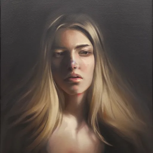 Image similar to a young woman, dramatic lighting, chiaroscuro, high detail, painted by romain jouandeau, trending on artstation