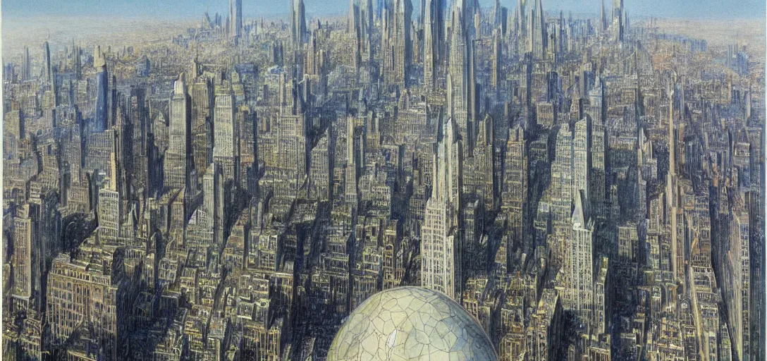 Image similar to A futuristic landscape of New York City with domes and very tall buildings in the year 2050 by Alan Lee