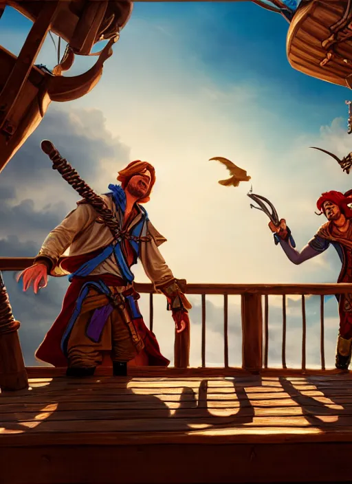 Image similar to an epic fantasy comic book style portrait painting of two bumbling idiot sky - pirates on the deck of a skyship looking at a chest, unreal 5, daz, hyperrealistic, octane render, cosplay, rpg portrait, dynamic lighting, very detailed faces