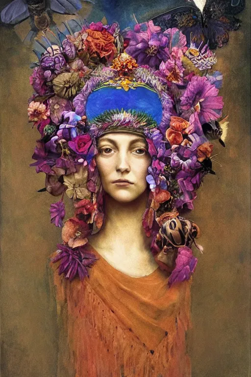 Image similar to queen of flowers, by Annie Swynnerton, and Tino Rodriguez and Nicholas Roerich, elaborate headdress and embroidered velvet, iridescent beetles, rich color, dramatic cinematic lighting, extremely detailed, featured on artstation