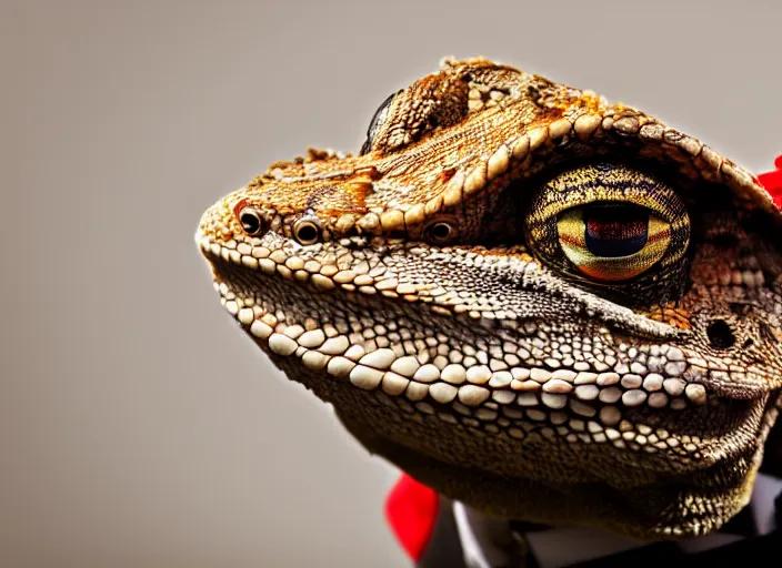 Image similar to dslr portrait still of a bearded dragon wearing a top hat and a red bowtie, 8 k 8 5 mm f 1. 4