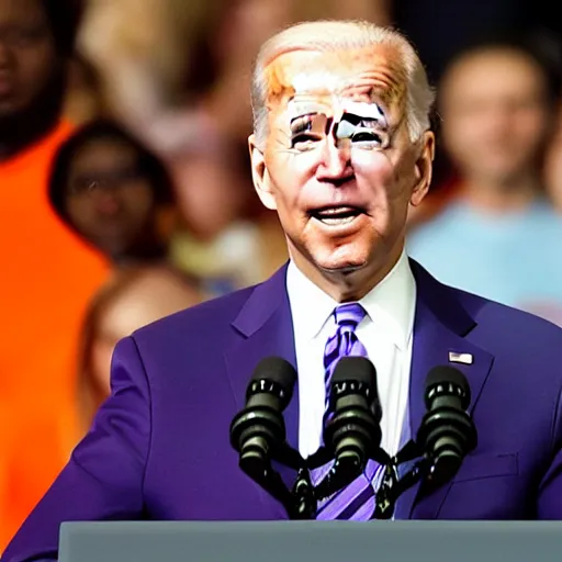 Prompt: joe Biden looking fresh with his newest waves on the hair while wearing orange puff jacket and purple durag, phone photo
