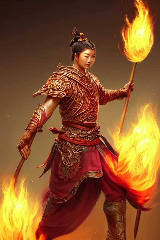 Image similar to charming nezha, highly detailed, man holding spear, flame everywhere, epic pose, masterpiece chinese fantasy character portrait, highly detailed, digital painting, trending on artstation, concept art, sharp focus, illustration, global illumination, ray tracing, realistic shaded, art by artgerm and greg rutkowski and fuji choko and viktoria gavrilenko and hoang lap