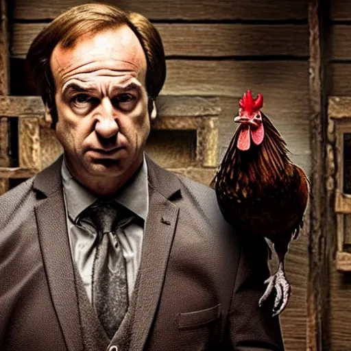 Image similar to saul goodman and a rooster in a medieval torture chamber, saw blades and knives in the background, horror movie, saul goodman, rooster!!!!, real life photo, highly detailed face