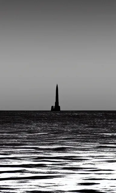 Prompt: lone dark tower in the center of a serene vast ocean, album artwork, album cover, expressionist, minimal