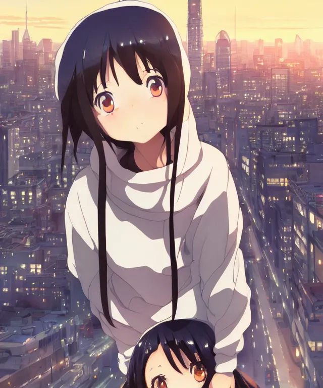 Image similar to anime visual, portrait of a young black haired girl wearing hoodie sightseeing above the city, guardrail, cute face by yoh yoshinari, katsura masakazu, dramatic lighting, dynamic pose, dynamic perspective, strong silhouette, ilya kuvshinov, anime cels, 1 8 mm lens, fstop of 8, rounded eyes, moody, detailed facial features