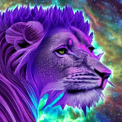 Image similar to a purple speckled lion - like creature, engulfed in twisting glowing iridescent alien flora, with strange rainbow alien flowers, dramatic, no margins, award - winning photography, realism