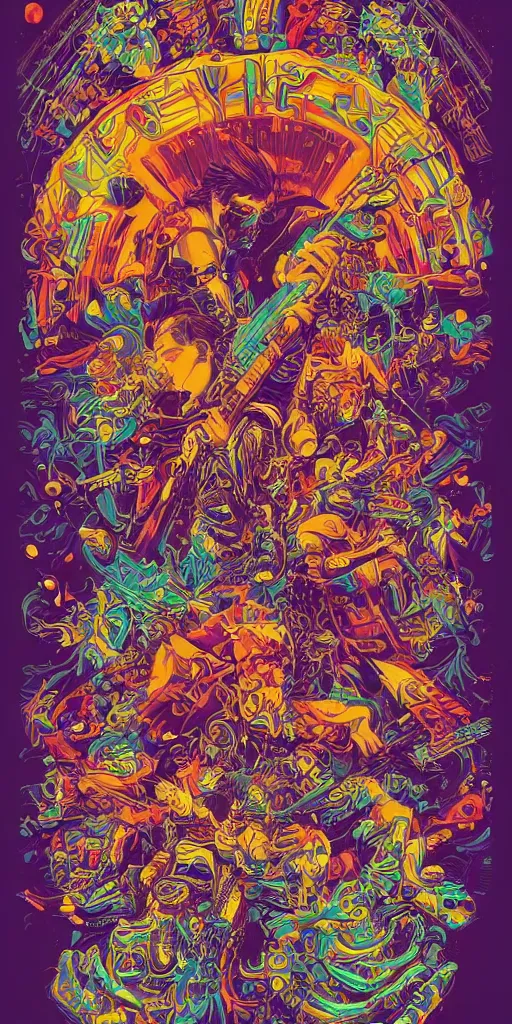 Image similar to five piece rock band poster, pine tree, psychedelic intricate highly detailed symmetrical, cinematic movie screen printing poster colorful and vivid pattern, by Artgerm, Darius Zawadzki, James Jean and Moebius, Artstation trending