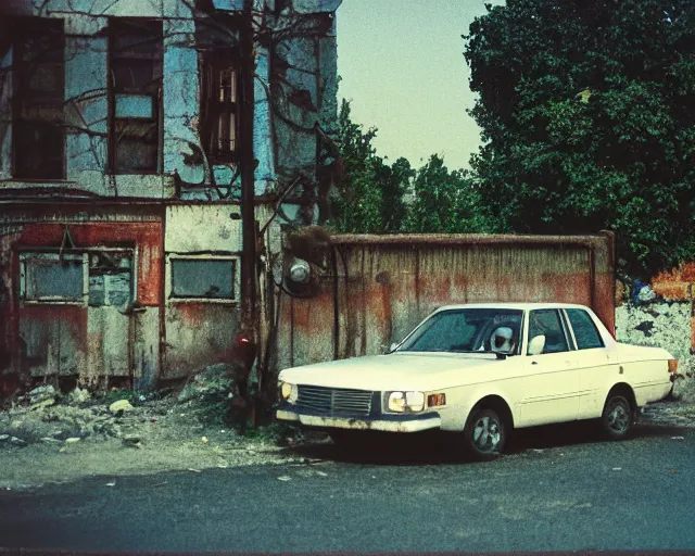 Image similar to a lomographic photo of old soviet car standing in typical soviet yard in small town, soviet suburbs on background, cinestill, bokeh, 1 9 8 0