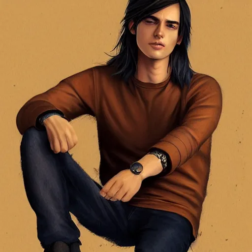 Prompt: a young man with long hair wearing a brown shirt, a character portrait by lydia field emmet, trending on cg society, photorealism, wiccan, handsome, ilya kuvshinov